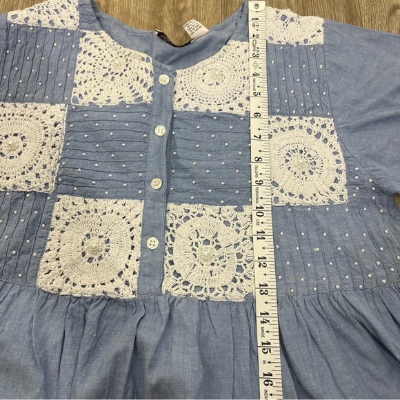 Blue chambray Lace crochet pearl floral patchwork vintage with pocket size large - Picture 7 of 10